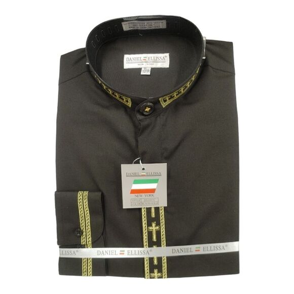 MEN'S DANIEL ELLISSA BLACK W/GOLD EMBROIDERY BANDED COLLAR DRESS SHIRT. DS2005C. - Picture 4 of 4